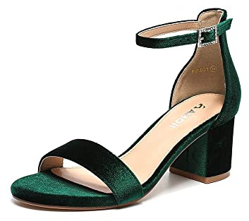 Amoji Women's Block Heels 2.5 Inch Strappy Heels Dressy Sandals Ankle Strap Lady Low Heels Chunky Heeled Sandals 301 VelvetGreen Size 9 women