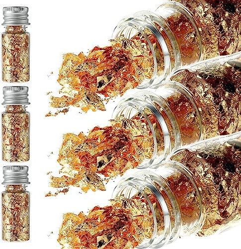 cobee 30ml Imitation Gold Flocken,3 Flaschen Blattgold zum Basteln Multifunktionale Dekorative Goldfolie für DIY Basteln Vergolden Malerei Acrylmalerei Möbeldeko und Weihnachten Nagelkunst