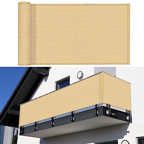 Balkon Sichtschutz Balkonabdeckung 75 x 300 cm Reißfest UV-Schutz atmungsaktiv Sichtschutzmatte Sichtschutzzaun mit Ösen und Kordel für Balkon Terrasse Garten, Sandgelb