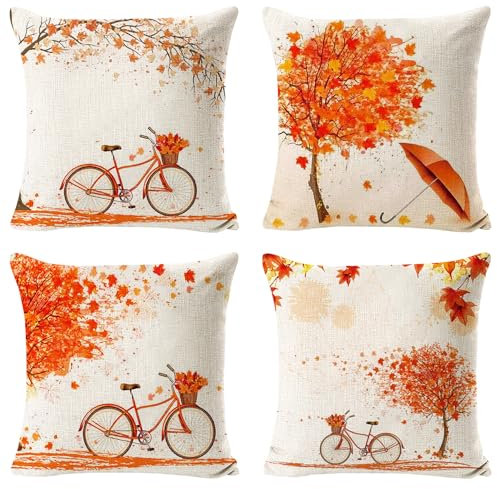 4 Stück Kissenbezüge, Herbst 45x45 cm, Dekorative Erntedankfest Ahornblatt Bezüge aus Leinen für Sofa Bett Home Decor (C)