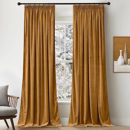 PONY DANCE Samtvorhang mit Kräuselband Gardinen Wohnzimmer Thermogardinen Kälteschutz Vorhänge Samt Gold 2er Set Velvet Curtains for Living Room, Goldbraun, H 260 x B 132 cm (Gewicht: 300g/m²)