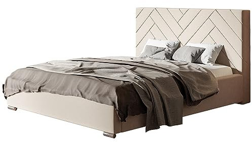 AlpiMeble Polsterbett Sevilla mit Kopfteil, 140x200 cm, Doppelbett mit Bettkasten und Lattenrost aus Holz, Velourstoff Beige