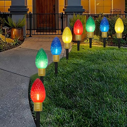 Luces de camino de Navidad jumbo C9 para exteriores, paquete de 2 decoraciones de patio de Navidad de 7 pies con 8 bombillas LED C9 jumbo multicolor de fresa, luces de pasarela de Navidad para