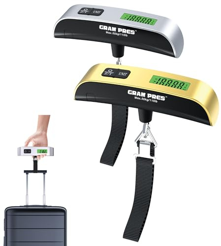 GRAM PRES Lot de 2 Pèse-Bagages Numériques Portables à Suspendre Accessoires de Voyage avec Peinture en Caoutchouc, 50 kg, Capteur de Température, Batterie Incluse