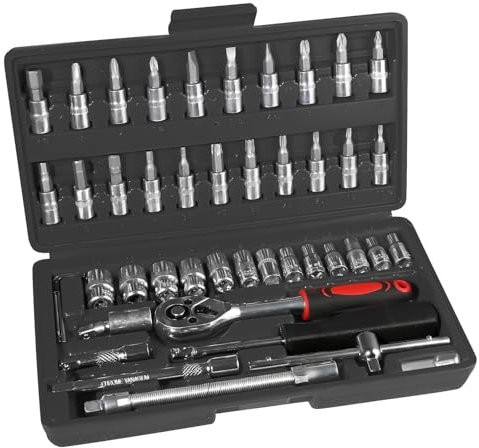 Snewvie 46Pcs Socket Wrench Set, 1/4'' Drive Socket Wrench Driver Bits Set Metric Tool Kit with Flexible Extension Rods, Quick Release Reversible Ratchet, Wrench Handle for Car Repair
