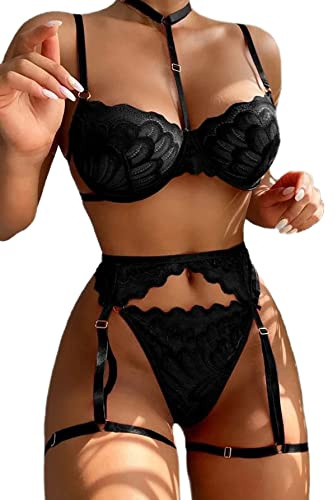 Lilosy Sexy Dessous-Set für Damen, 3-teilig, mit Strumpfgürtel