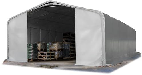 TOOLPORT Lagerzelt 8x12 m Zelthalle / 3 m Seitenhöhe reißfeste PVC Plane 850 N grau mit Statik (Betonuntergrund)