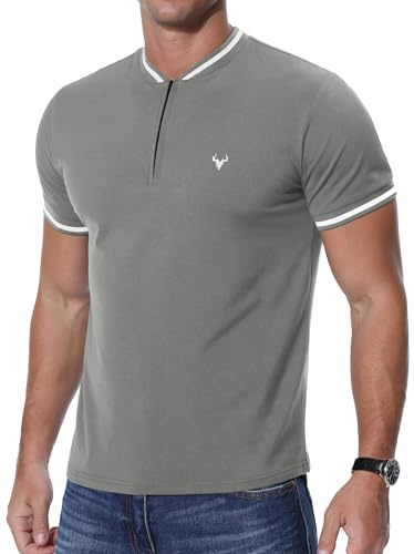 KUYIGO Mens Zip Henley T-Shirt Deer Head Embroidery Tennis Short Sleeve Top Regular Slim Fit
