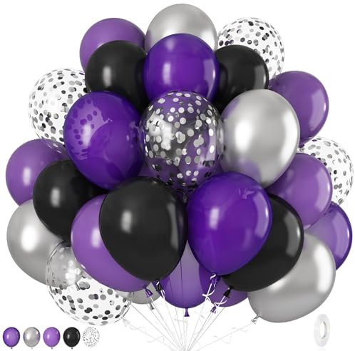 Palloncini Viola e Neri, Palloncini Argento Metallizzato Nero Viola Scuro da 12 Pollici, Set di Palloncini ad Elio con Coriandoli Argento per Halloween Festa di Compleanno Lauree Baby Shower