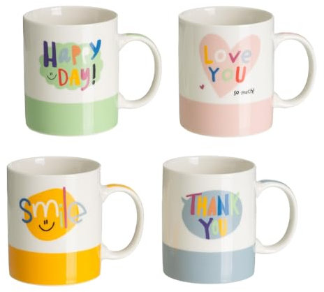 LOLAhome Juego de 4 tazas mug para desayuno con frases motivadoras de cerámica de 340 ml