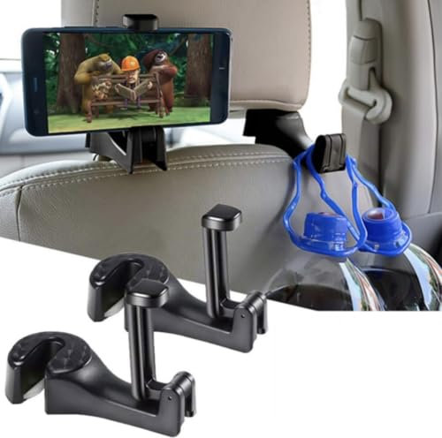 Orco 2 Pack 2 in 1 Bag Hooks with Headrest Phone Holder - 360 Rotatable Car Hooks, Heavy Duty, Black