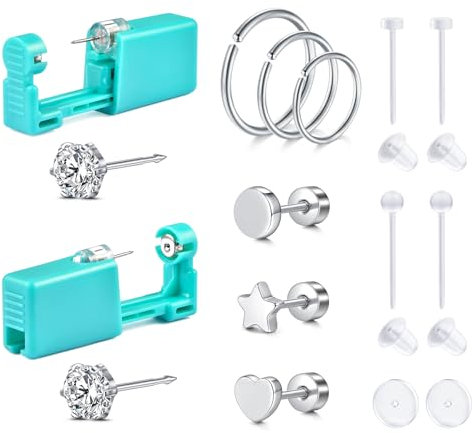 QSKISS Ohrloch Stecher Set Ohrringe Selber Stechen Ear Piercing Kit Herz Stern Form Chirurgenstahl& Clohrpiercing Piercing Ohr