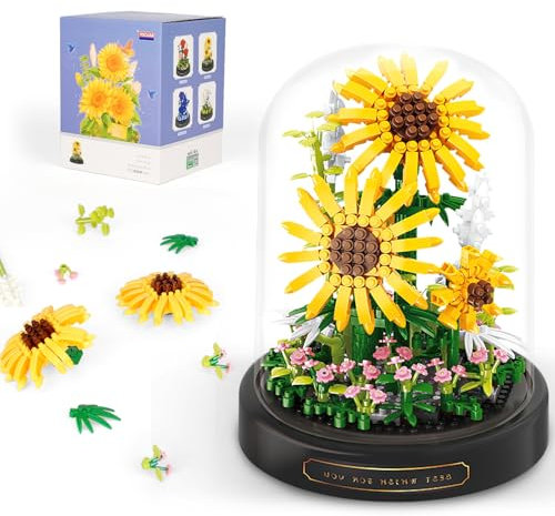 QLT QIAOLETONG Sonnenblume Micro Mini Baustein Set, Blumen Insekten Klemmbausteine mit Staubdichter Kuppel und Sockel, Geschenk für Mädchen ab 6 Jahren und Erwachsene (545 PCS)