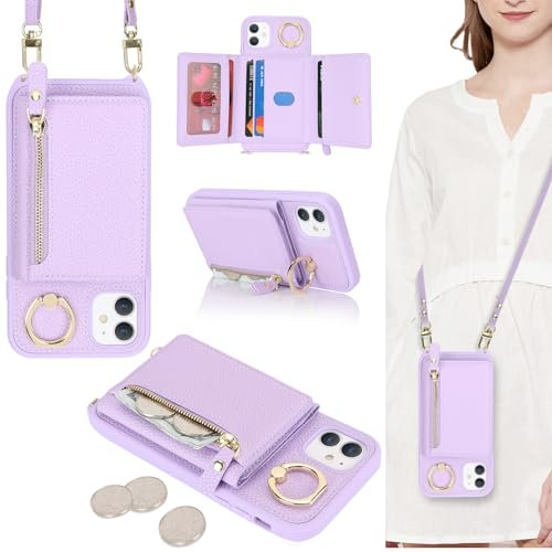 ELTEKER Handyhülle für iPhone 11 Hülle mit Band Kartenfach Ringhalterung Geldbörse,Leder Klapphülle Umhängetasche Handytasche für iPhone 11 - lila