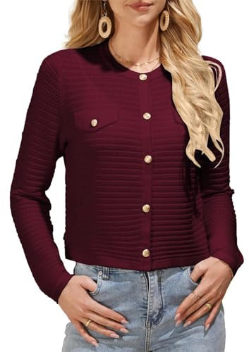 GRACE KARIN Women's Crop Cardigan Long Sleeve Button Down Crew Neck Knitwear Summer Sweater Cardigans Red S