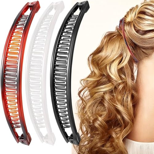 3 Stück Bananenspange Haare,Banana Clip Vintage,Groß Banana Hair Clip,Bananen Haarspangen Damen Dünnes Frisur,Bananen Clip Haar Accessoire für Frauen und Mädchen (schwarz, weiß,braun)
