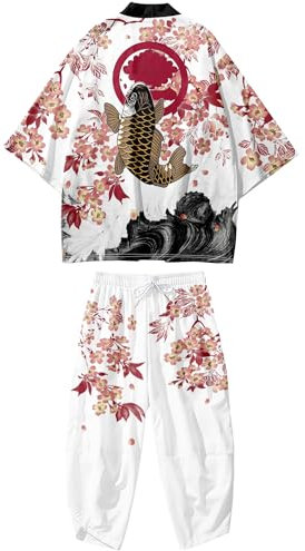 Doslavida - Set cardigan kimono giapponese da uomo, stile cinese, stampato, giacca e pantaloni, aperto sul davanti, a sette maniche, bianco/rosa, L