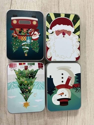 FUKPO 4 Stück Keksdose Weihnachten Klein Flach, Kleine Blechdose Rechteckig mit Motiv Deckel Keksdosen Metall, Gebäckdose Set Metalldosen Bunt Plätzchendosen Blech Weihnachtsdosen für Kekse