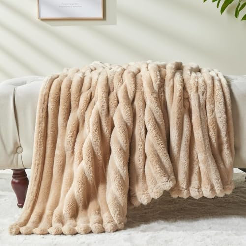 Wajade Couverture Plaid Polaire Super Chaude, Plaid Fausse Fourrure Haute Qualité,Couverture à Carreaux stéréoscopiques,Flax-153cmx203cm