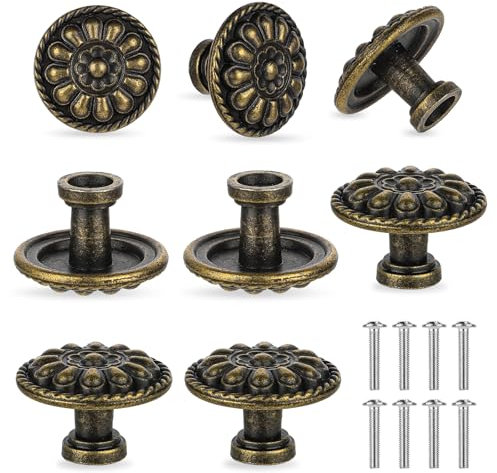 JJUNW Möbelknöpfe Bronze, 8 Stück Möbelgriffe Vintage mit Schrauben, 30mm Schrankknöpfe Bronze Farbe Runde Blumen Muster Schubladengriffe für Schublade Schrank Möbel Küchenschränke Kleiderschrank