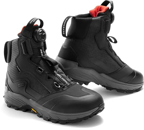 REBELHORN Defender Motorradstiefel Herren und Damen | Leder PU und Textil | Knöchel Protektoren | ATOP Schnellschnürung | Sympatex Membran | Vibram Sohle