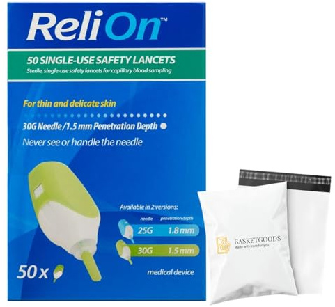 Lancing Device - Single Use 2 In 1 30G Needle, For Thin and Delicate Skin, 50 Count (Pack of 1), Set By Basket Goods