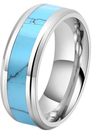 Calefee Verlobungsring Mann Schlicht, Wolfram Ring Herren Eheringe Bandring Breit 8 mm mit Türkis, Größe 57