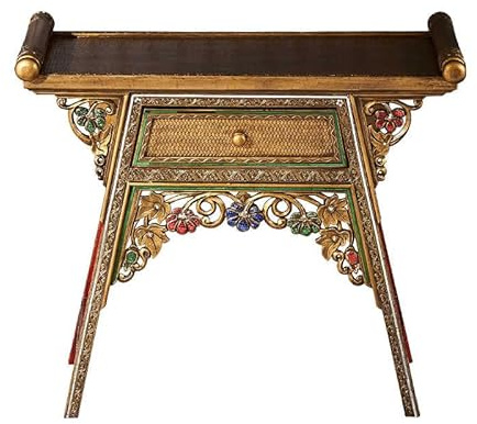 interoknack Thailändischer Konsolentisch aus geschnitztem Holz mit kunstvollen goldenen Details, Eingangstisch im südostasiatischen Stil mit Edelsteinakzenten, traditioneller buddhistischer Altartisch