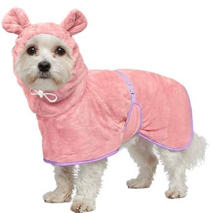 Dog Bathrobe Super Absorbent Towel Robe - Microfiber Bath Towels Fast Drying Coat for Dogs, Cute Dogs Clothes Adjustable Collar & Belly Strap Warm Keeping Hooded Dog Towel (Pink, Medium)