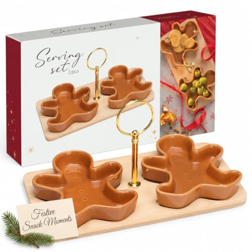 MIJOMA Servierset Weihnachten 3-teilig – 2 Lebkuchen-Schalen aus Keramik auf Holztablett mit goldenem Griff – Festliches Snack- & Deko-Set im Weihnachtsdesign