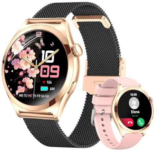 Reloj Inteligente Mujer Llamadas, Pantalla Curva HD de 1,27, Oro Negro | Monitor de Frecuencia Cardíaca SpO2 Sueño, 120+ Modos Deportivos, Podómetro, IP68 Smartwatch Mujer, Android iOS, 2 Correas