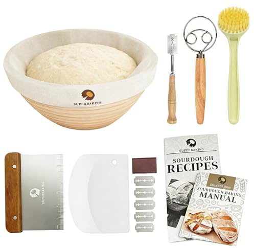 13 Stück Sauerteig Starter Set, 23cm Gärkorb Rattan Brot Backen Komplettset | Rattan, Gärkörbchen Zubehör Professionelles Brotbackzubehör für Anfänger Erfahrener Bäcker