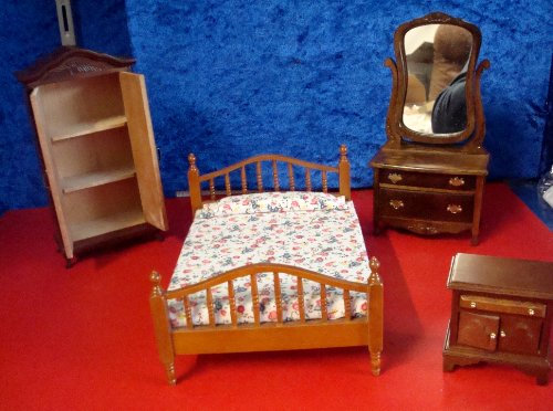 Puppenmöbel Schlafzimmer, 4 Teile,mittelbraun,1:12