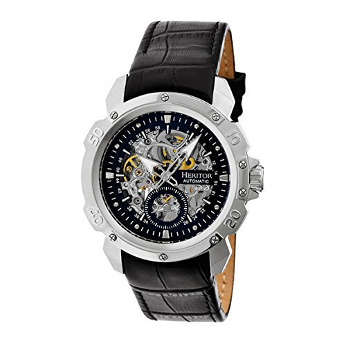 HERITOR Conrad Automatic Watch for Men – 42mm Men's Skeleton Watch with Jeweled Automatic Movement, 316L Stainless Steel Case, Genuine Leather Strap (HERHR2504) – Silver/Black