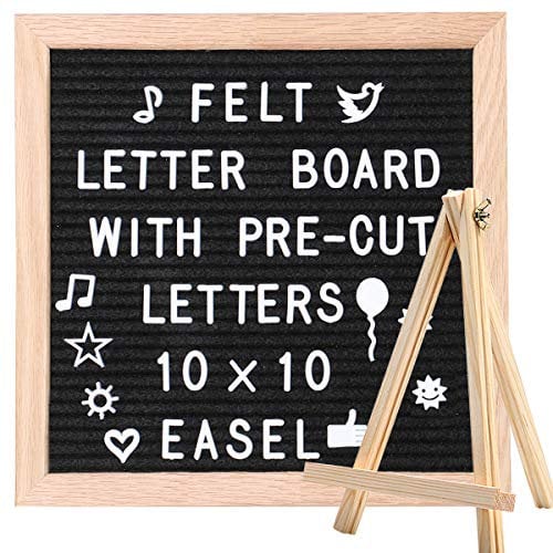 Tablero de fieltro negro de alta calidad de 10 x 10 pulgadas. Tablero de letras intercambiables con 354 letras de plástico blanco + marco de roble + colgador de dientes de sierra + soporte de trípode