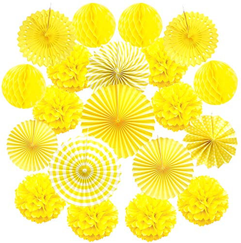 ZERODECO 20 Stück Seidenpapier Pompoms, Papier Fans Fächer und Wabenbälle Dekorpapier Kit für Geburtstag Hochzeit Baby Dusche Parteien Hauptdekorationen - Gelb