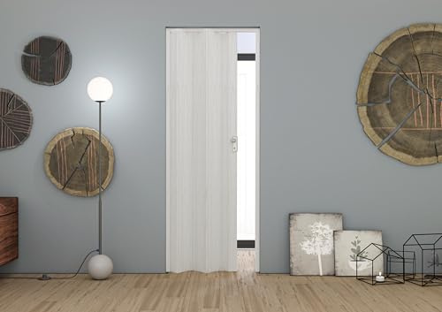 Forte Porta a Soffietto Maya in PVC, Resistente agli urti, Riducibile, Kit completo di serratura, L83 x H214 cm, Effetto Pino Bianco