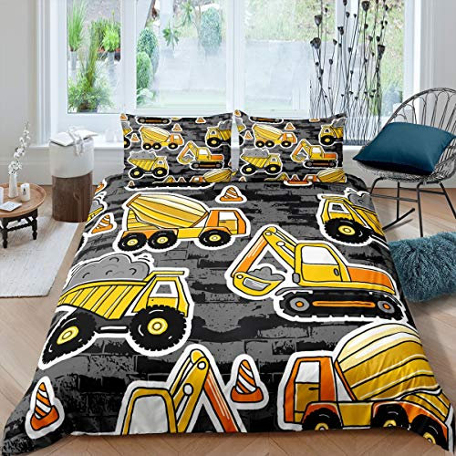 Loussiesd Kinder Jungen 135x200 cm Bettwäsche Set Karikatur Bagger Bettwäsche Dunkelgraues Gelb Baustelle Wagen Auto Bettbezug für Jugendliche mit 1 Kissenbezug Reißverschluss