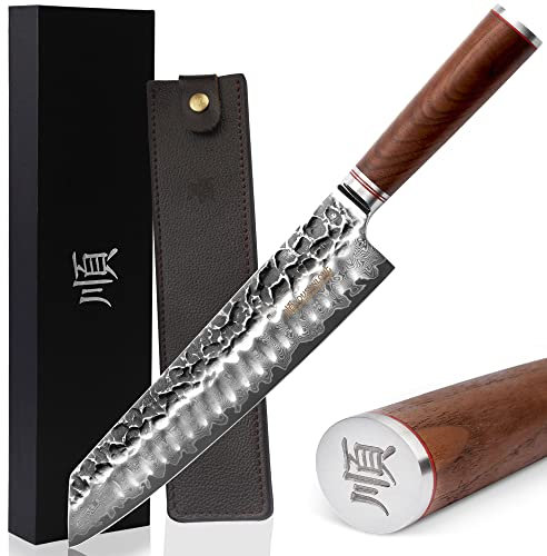 YOUSUNLONG Kiritsuke couteau de chef 10 pouces japonais 67 plis Damas martelé en acier inoxydable rasoir Sharp - manche en noyer naturel avec étui en cuir avec boîte-cadeau