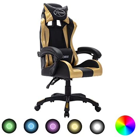 vidaXL Gaming Stuhl mit RGB LED-Leuchten Höhenverstellbar Chefsessel Bürostuhl Drehstuhl Schreibtischstuhl Sportsitz Racing Gold Schwarz Kunstleder