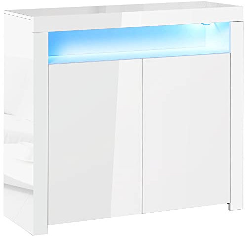 HOMCOM LED Storage Cabinet, Cupboard with High Gloss Front and RGB Lighting, Modern Sideboard for Entryway, Dining Area, Living Room, White