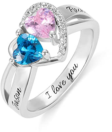 Personalisierter Herz-Geburtsstein-Versprechen-Ring, gravierter Namensring mit doppelten Geburtssteinen, benutzerdefiniertes 925er Sterlingsilber, Geschenk für Frauen, Sterling Silber