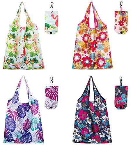 QINREN 4pcs Reusable Shopping Bags, Foldable Shopping Bags Washable Grocery Bags Foldable in a Pouch Eco Tote Shopping Bag Groceries Tote Bags for Daily Shopping Groceries Travel Storage