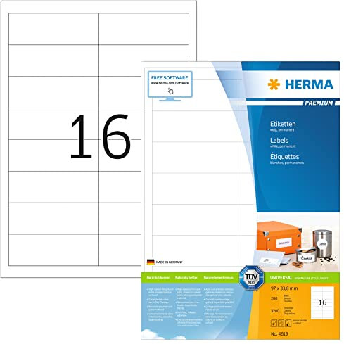 HERMA 4619 Adressetiketten, 1600 Blatt, 97 x 33,8 mm, 16 pro A4 Bogen, 25600 Stück, selbstklebend, bedruckbar, matt, blanko Papier Adressaufkleber Etiketten, weiß