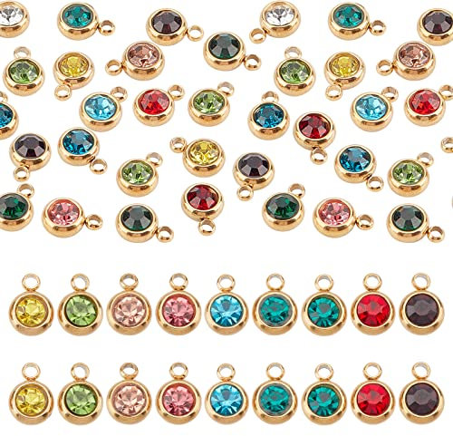 UNICRAFTALE 24Pz 12 Colori Strass Ciondoli E Ciondoli Piatto Rotondo Reale 18 K Placcato Oro Birthstone Ciondoli E Ciondoli con Placcatura Sottovuoto 303 in Acciaio Inox Trovare Ciondoli per Bracciali