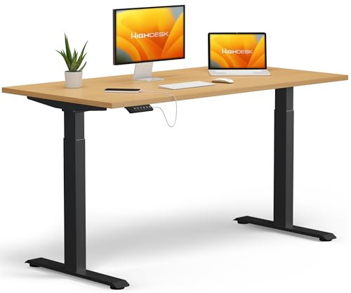 KRIEG HighDesk Basic Höhenverstellbarer Schreibtisch 200 x 80 cm I Schwarz + Buche - Elektrischer Sitz- & Stehtisch mit Tischplatte - Stehschreibtisch Elektrisch Höhenverstellbar