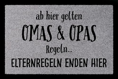 Interluxe Fußmatte Türmatte - Ab Hier gelten Omas und OPAS Regeln - Großmutter Großvater Geschenk Flur Enkel (Hellgrau)