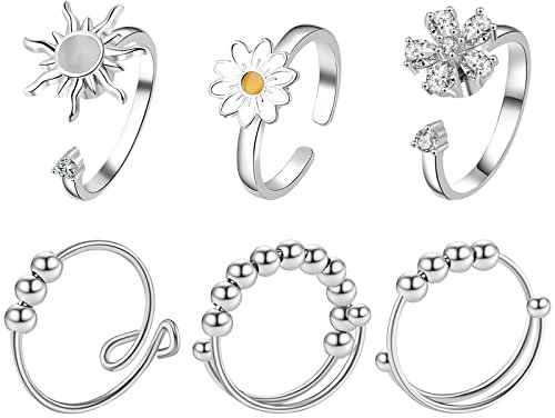 JewelryWe Schmuck 6 Stück Fidget Angst Ringe Damen Spinning Mit Perlen Bandringe Zappelringe Stressabbau Stapelbare Zirkonia Sonne Blumen Beads Einstellbare Offene