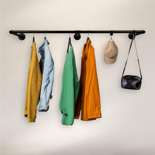 RSR Hangers Kleiderstange Industrial Design schmal Flur Wandgarderobe Breite 100 cm x Tiefe 10 cm für die Wand Schwarz Garderobenstange Schlafzimmer Garderobe Wandmontage