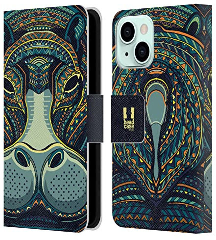 Head Case Designs Hipopótamo Caras Animales Aztecas 2 Carcasa de Cuero Tipo Libro Compatible con Apple iPhone 13 Mini